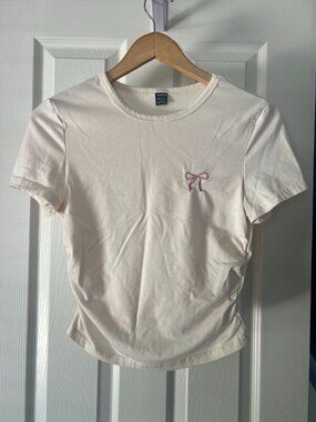Shein Cream T Shirt Large Pink Bow Embroidered Short Sleeve Tee